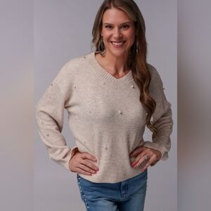 Fantastic Fawn Pearl-Embellished Beige V-Neck Sweater